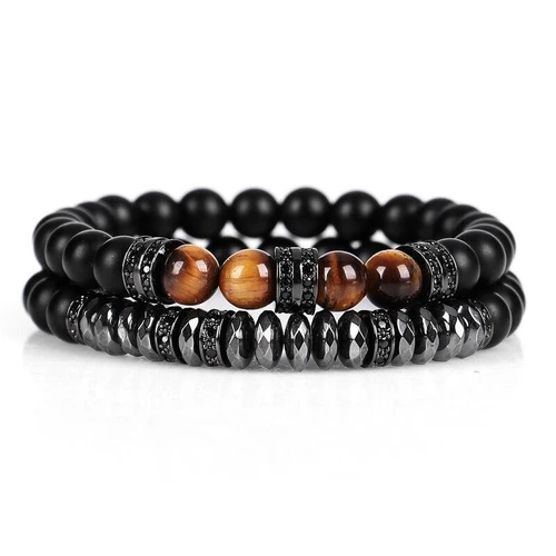 BRACELET EN ŒIL DE TIGRE ET HÉMATITE - Un ensemble de 2 bracelets