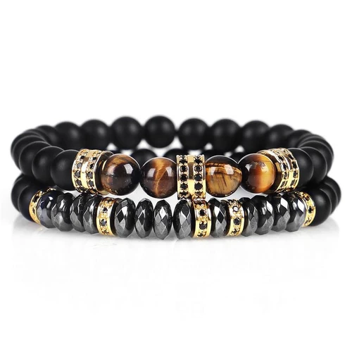 BRACELET EN ŒIL DE TIGRE ET HÉMATITE - Un ensemble de 2 bracelets